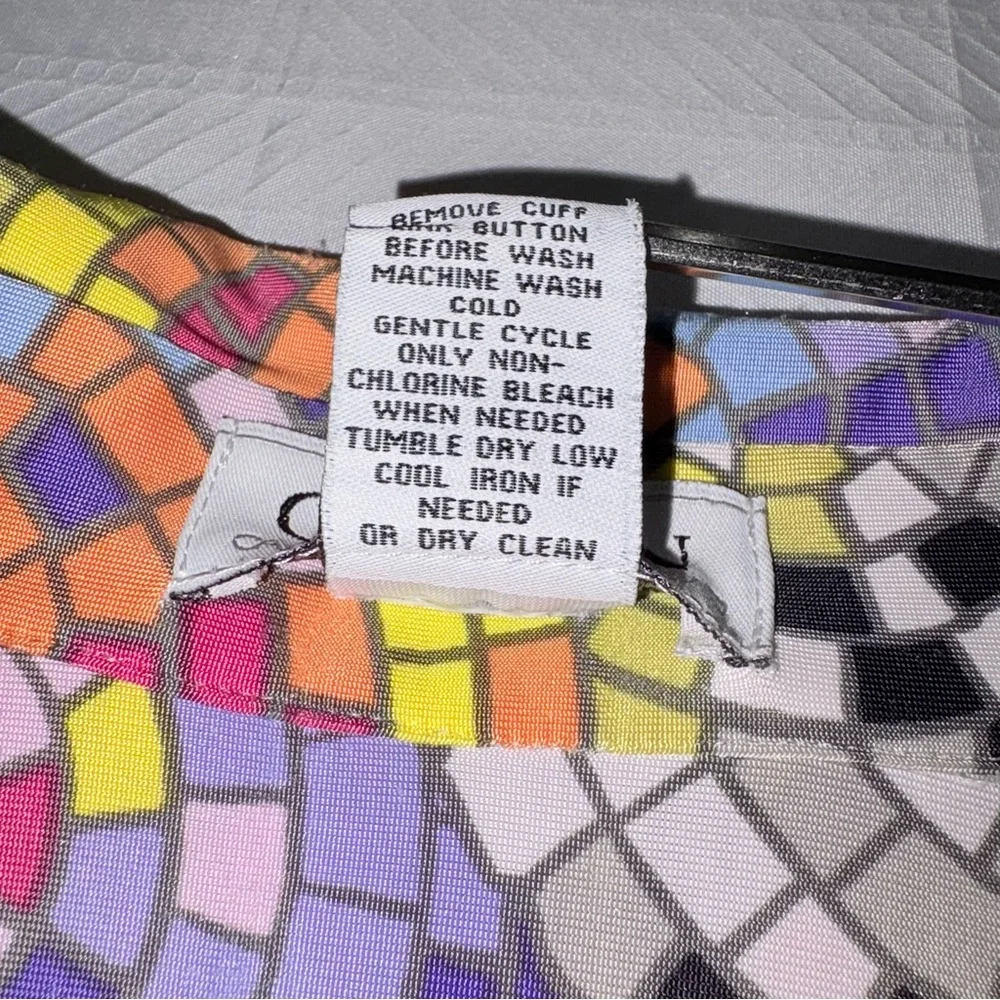 Carmen Marc Valvo Mosaic Print Button Front Blouse Stretch Long Sleeve Size Med - Picture 4 of 8